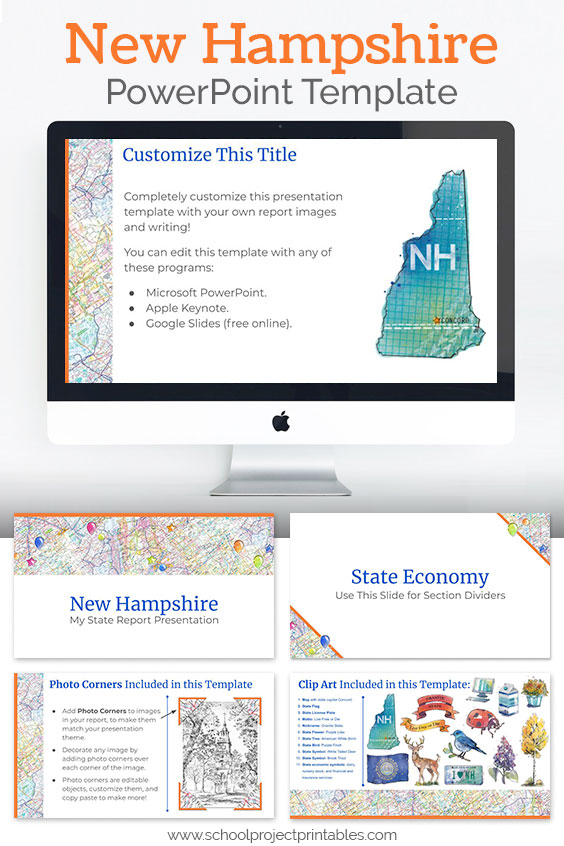 New Hampshire themed downloadable powerpoint template with multiple customizable layouts and clip art