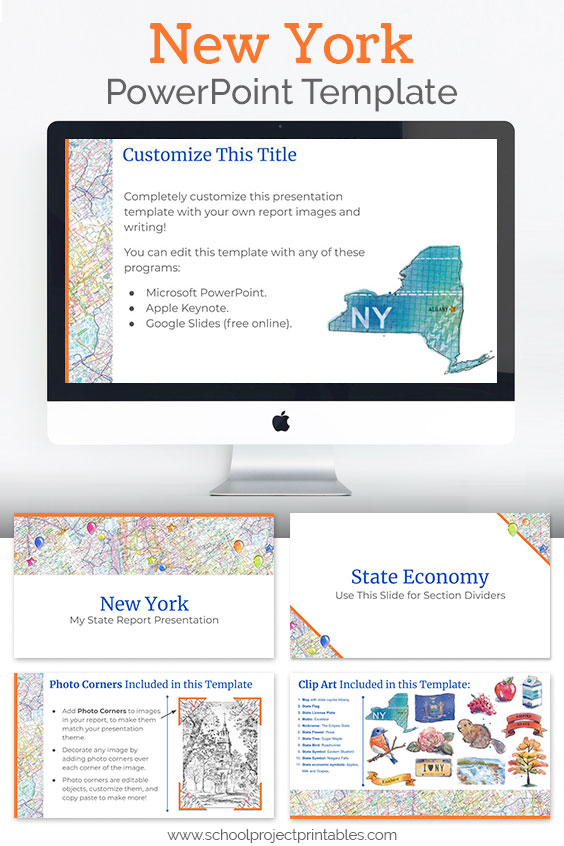 New York themed downloadable powerpoint template with multiple customizable layouts and clip art