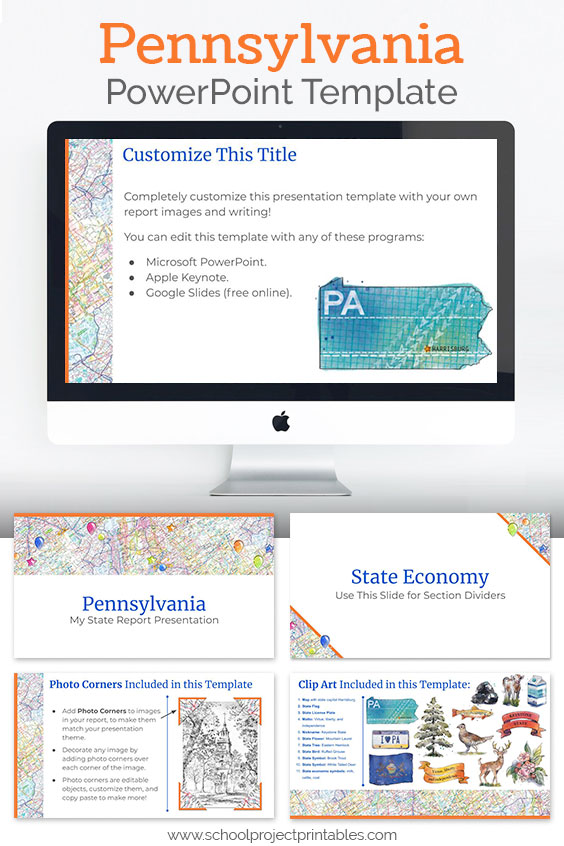 Pennsylvania themed downloadable powerpoint template with multiple customizable layouts and clip art