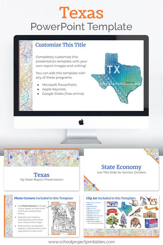 Texas themed downloadable powerpoint template with multiple customizable layouts and clip art