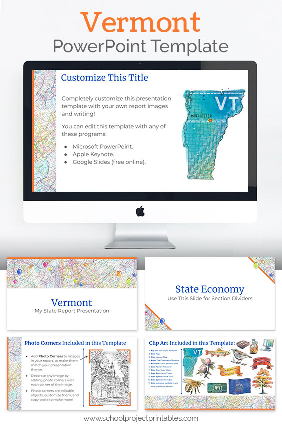 Vermont themed downloadable powerpoint template with multiple customizable layouts and clip art