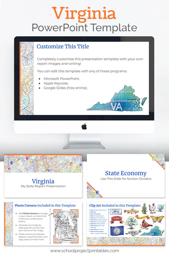 Virginia themed downloadable powerpoint template with multiple customizable layouts and clip art