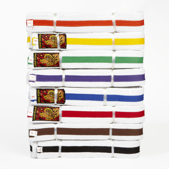 white striped coloured belts, grading
