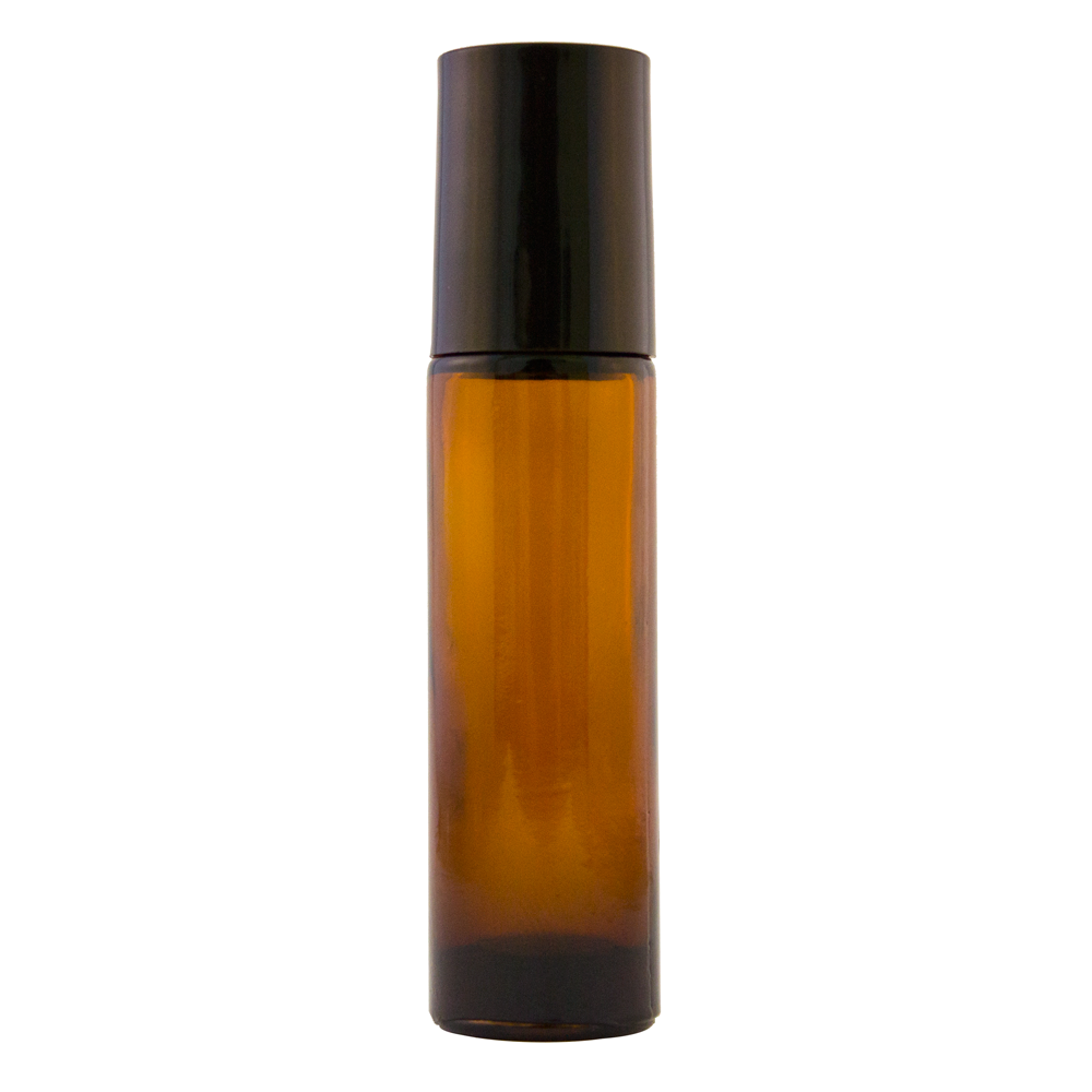 10 ml Amber Roll On Glass Bottle w/ Metal Insert & Black Cap