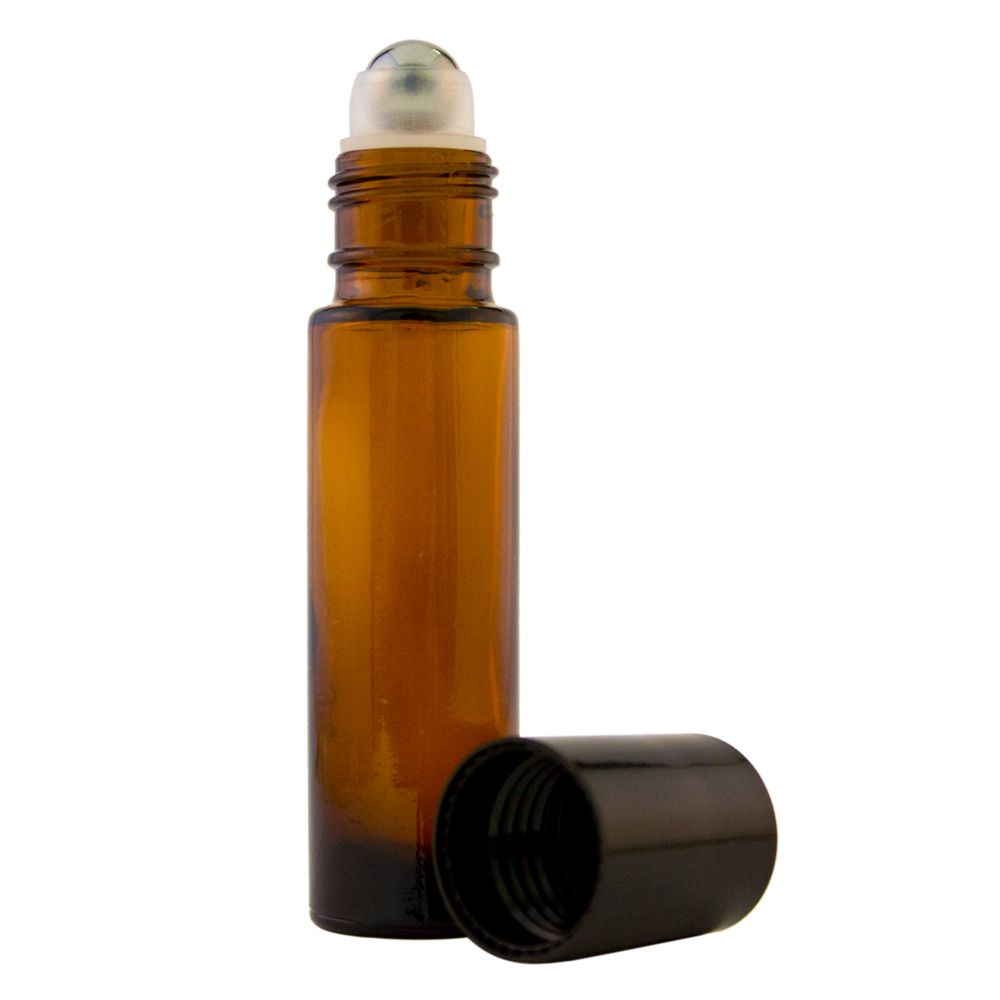 10 ml Amber Roll On Glass Bottle w/ Metal Insert & Black Cap