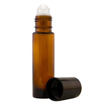 10 ml Amber Roll On Glass Bottle w/ Black Cap & Clear Plastic Roller (Case of 144)