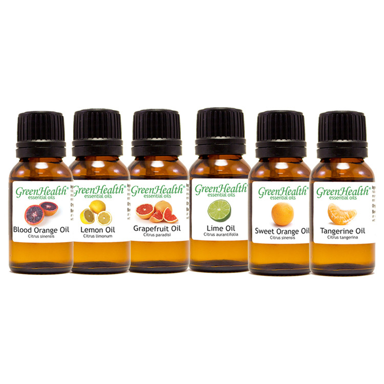 Citrus Set 6 15 ml contains: Blood Orange 15 ml, Tangerine 15ml, Lime 15ml, Grapefruit 15ml, Lemon 15ml, Sweet Orange 15ml essential oils