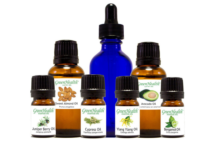 Men's Special Bundle contains: 5ml Cypress oil, 5ml bergamot oil, 5ml ylang ylang oil, 5ml juniper berry oil, 1oz avocado oil, 1oz sweet almond oil.