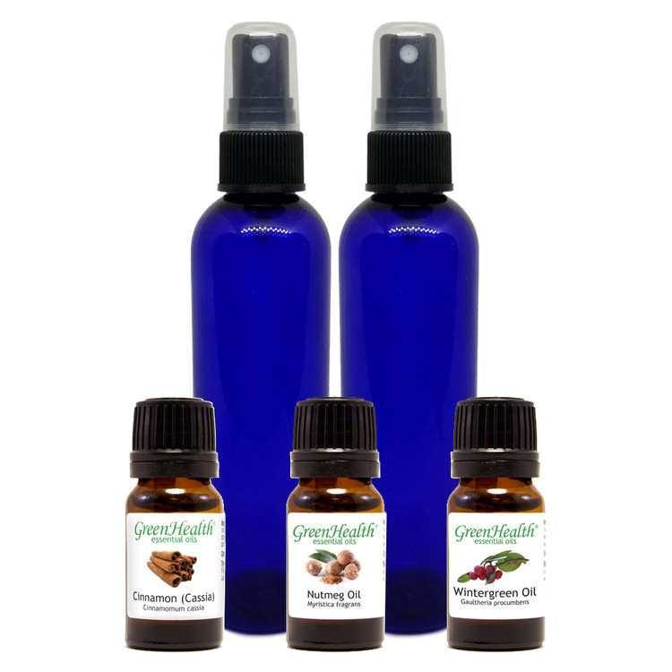 DIY Room Spray Set, Cinnamon Cassia Oil, Nutmeg Oil and Wintergreen Oil, Blue Spray Bottle