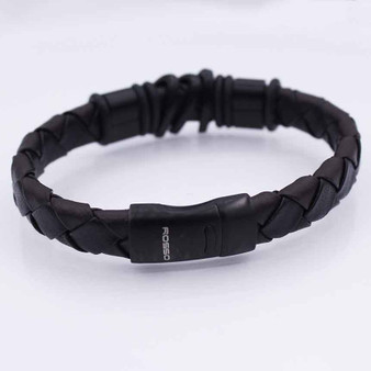 Bracelete 22cm couro trançado preto/marrom centro trabalhado fecho black