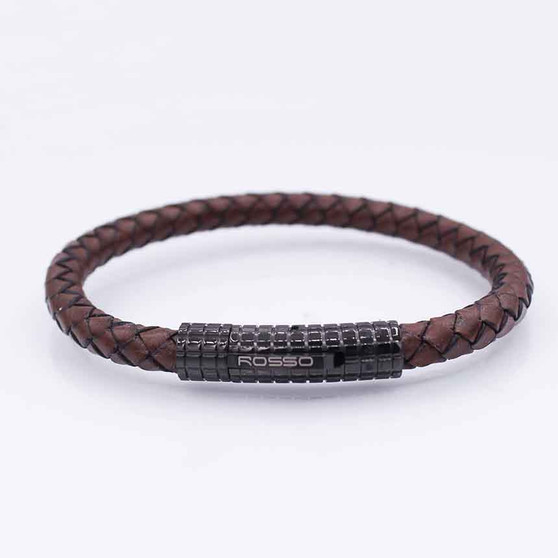 Pulseira Rosso 19cm couro trançado marrom fecho black