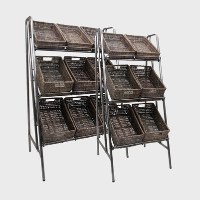 3 Shelf Retail Display Stand With Brown Wicker Trays pk 1