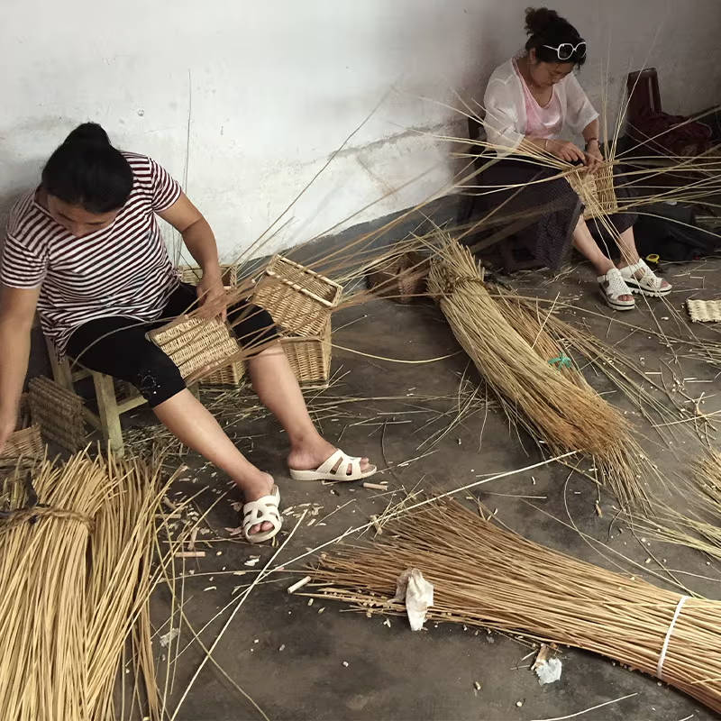 Two people sitting and weaving the willow