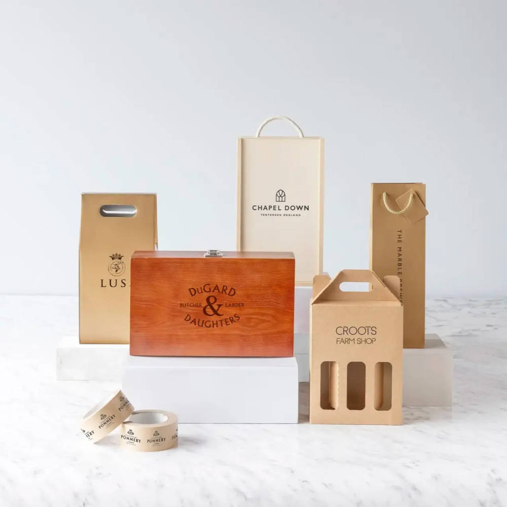 A collection of boxes and cardboard holders with logos