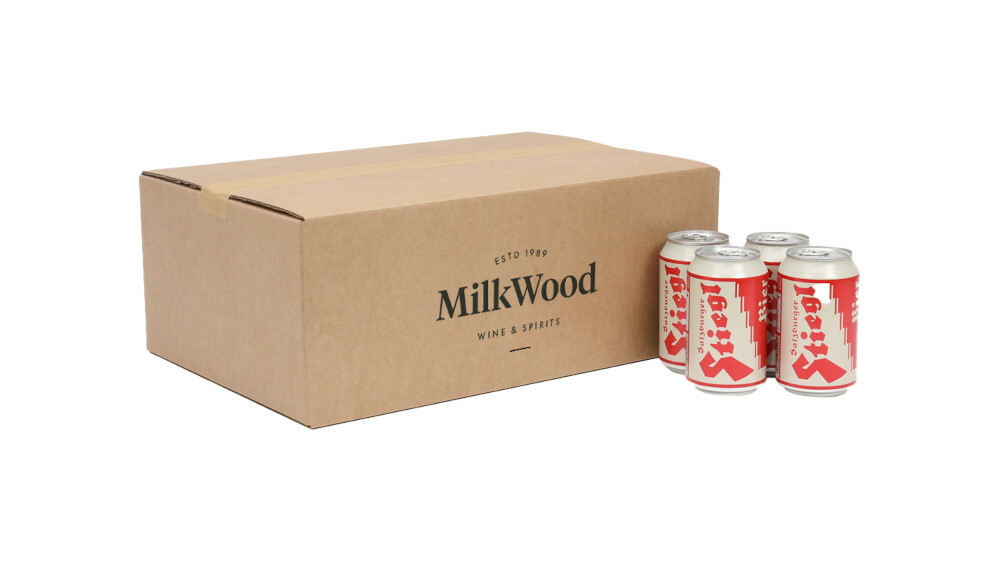 A large box with a logo printed on the side with four cans in the forefront