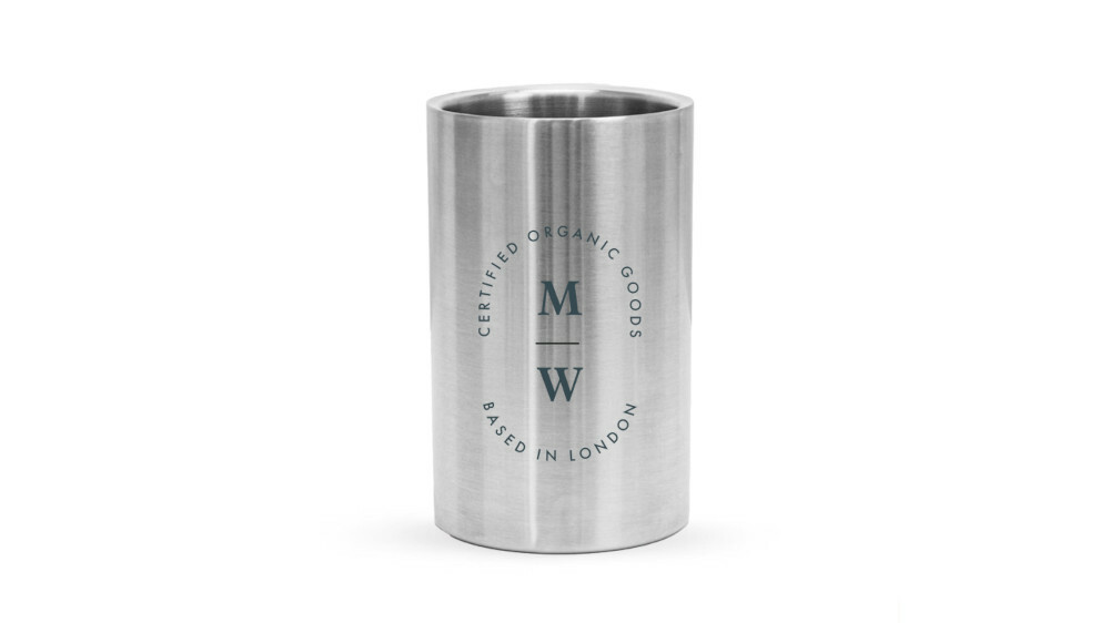 A silver wine cooler with a logo on the front