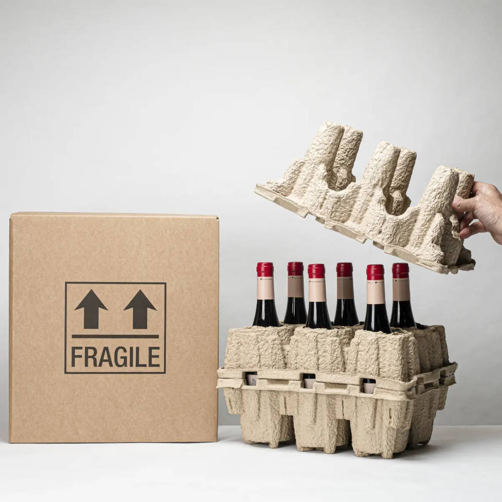 A box with fragile written on the side, next to it 6 wine bottles set within the pulpsafe product