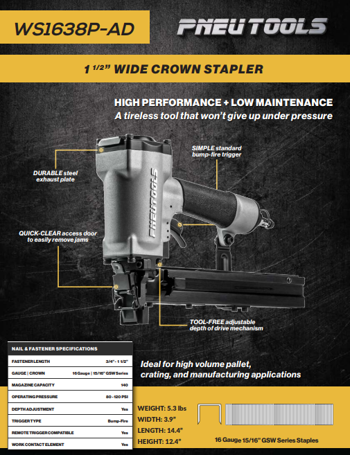 PneuTools WS1638P-AD 1-1/2-Inch Wide Crown Stapler - GSW Series