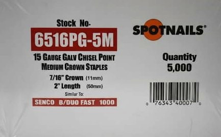 SpotNails 2 Inch Length Galvanized 15 Ga 7/16 Inch Medium Crown Staple