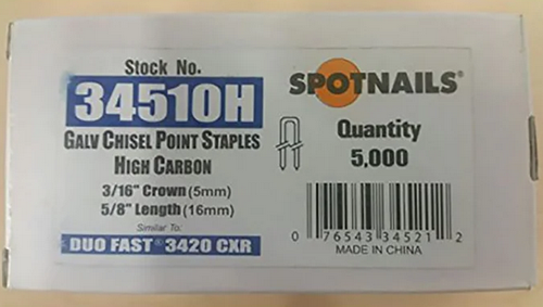 SpotNails 34510H 5/8-Inch Galv 22Ga Chisel 3/16-Inch Crown Fine Wire Staple 100M