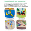Playscapes 3branch Discovery Mini Activity Table, image showing four interchangeable activity surfaces: building brick surface, train track surface, pegboard surface, and flat hardwood surface.