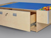 Playscapes 3-Branch Discovery Lego Table, wooden children's play table with storage drawers and blue top, filled with colorful building blocks.