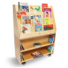 Whitney Brothers Deluxe Mobile Book Library, wooden children's book storage with multiple compartments filled with colorful children's books.