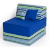 Novum Convertible Navy Blue Stripes Kids Folding Chair, foldable upholstered children's chair with striped navy blue, green, and white fabric, and two matching pillows.