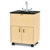 Jonti-Craft Clean Hands Helper Plastic Sink without Heater - 38-inch Counter, educational sink with wooden cabinet, black top, and metal faucet on wheels.