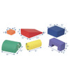 Children's Factory Climb and Play Foam Climbing Blocks, Rainbow, colorful foam play blocks for children, including a red rectangular wedge, blue cube, purple arched block, green tunnel, yellow cylinder, and orange square, all with dimensional measurements.