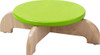 HABA Pro Balancing Staircase Variable Height Stools, colorful wooden balancing stool with a green rounded top and curved natural wood legs.