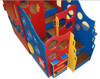 Strictly For Kids Deluxe Challenger 10 Wave Style Playground Structure Natural, colorful playset with multiple wave-shaped blue and red panels, yellow steps, and various circular cutouts for climbing and playing.