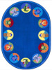 Playscapes Animal Readers Carpet, colorful oval children's carpet with animal illustrations and reading themes around the border.
