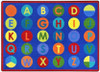 Playscapes Alpha Dots Primary Carpet, colorful educational rug featuring the alphabet with each letter in a different colored circle on a blue background.