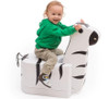 Moje Bambino Zebra Foam Seat Pouf, child sitting and playing on a zebra-shaped foam seat pouf designed for kids.