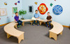 Playscapes Reading Retreat Bench, a semi-circular wooden reading bench with three children sitting and reading books in a colorful classroom with wall decorations.