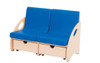 Moje Bambino Franek Double Sofa, children's blue double sofa with storage drawers and beige wooden armrests.