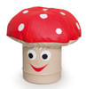 Novum Toadstool Soft Stool & Table for Kids, children's mushroom-shaped stool with a red and white polka dot mushroom cap and a smiling face on the base.