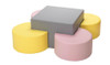 Moje Bambino Pastel Pac Man Seating Set, colorful children's seating furniture with a grey central piece and four surrounding pastel yellow and pink semi-circular seats.