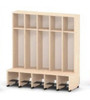Moje Bambino Universal Cloakroom 5 Cubbies, wooden coat storage unit with five individual cubbies and four lower compartments with black feet, ideal for classrooms or communal spaces.