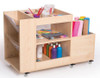 Novum Art Supply Cart, wooden art supply cart with multiple compartments and wheels for easy mobility, filled with art materials like paints, brushes, and papers.