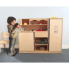 Whitney Brothers Preschool Toy Kitchen Combo, a child's play kitchen set made of light wood with various kitchen accessories and appliances for imaginative play.