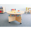 Whitney Brothers Mobile Collaboration Table With Trays, children’s wooden activity table with storage compartments filled with building blocks and tools.
