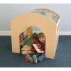 Whitney Brothers Nature Reading Haven with Floor Mat Set, children sitting inside a wooden reading nook with a green floor mat and natural wood finish.
