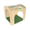 Whitney Brothers Nature View Reading Retreat Set, wooden children's playhouse with arched entrance, green floor, and transparent curved roof showcasing a nature scene.