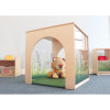 Whitney Brothers Nature View Playhouse Cube And Mat Set, wooden playhouse with nature-themed graphics and a plush lion toy inside.