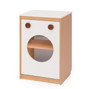 Moje Bambino Toy Washing Machine, a children's play wooden toy with a white front, circular opening, and wooden knobs for role play.