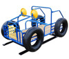 Infinity Playgrounds Jeep Playground Spring Rider, a blue and yellow playground equipment designed for children to sit and rock, featuring Jeep tire wheels and a sturdy metal frame.