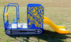 Infinity Playgrounds Lil Dumpy Toddler Slide, colorful blue and yellow plastic toddler slide on grass with a small slide and seat for young children.
