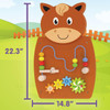 SPARK & WOW Horse Activity Wall Panel Toy, a colorful wooden toddler toy featuring a horse's face with a beaded wire maze, gears, and spinning components on a grassy outdoor background.